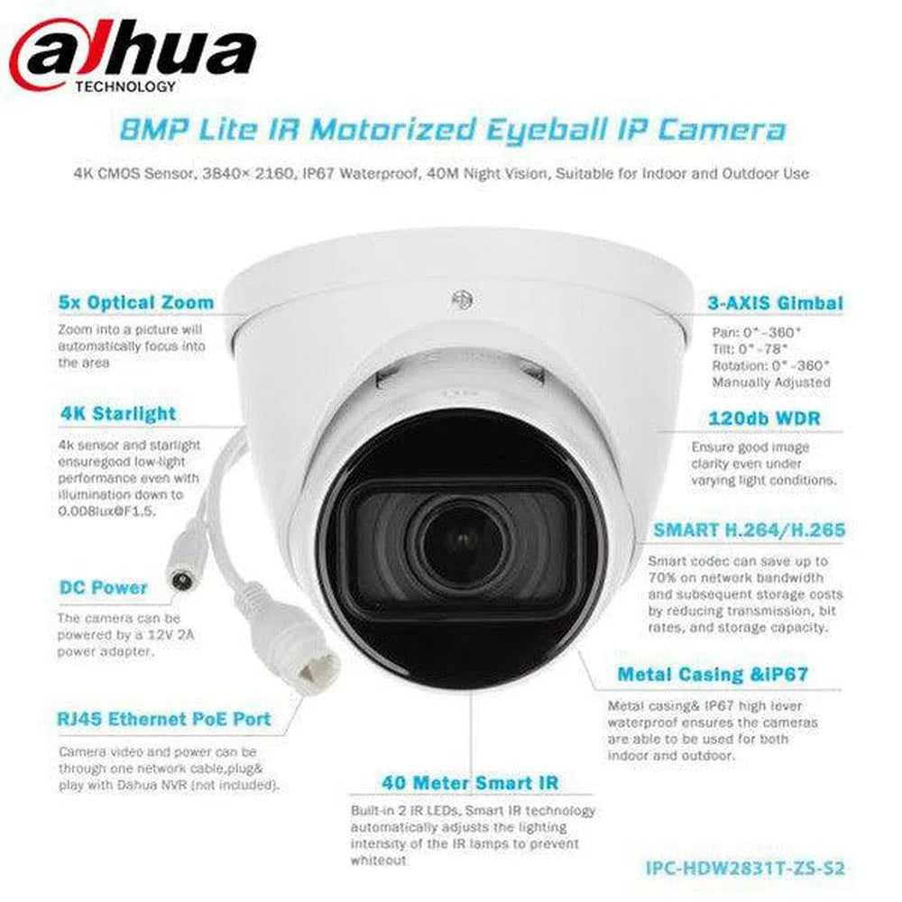 Dahua 8MP IPC-HDW2831T-ZS-S2 Lite IR Motorised Eyeball Network Camera-Trantech Security-[SKU]-[Total Security Equipment]-[TSE]