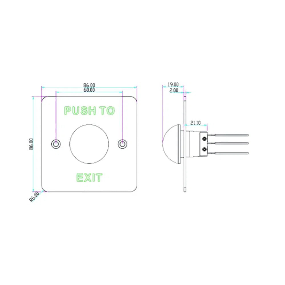 Exit Button Mushroom Square Stainless Steel, Green, Square - EB-818B-Trantech Security-[SKU]-[Total Security Equipment]-[TSE]