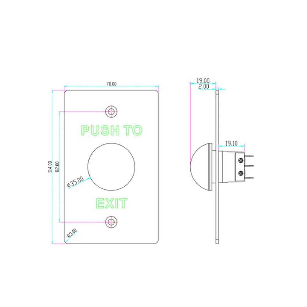 Exit Button Mushroom Wide Stainless Steel, Green, Rectangle - EB - 818C - Total Security Equipment